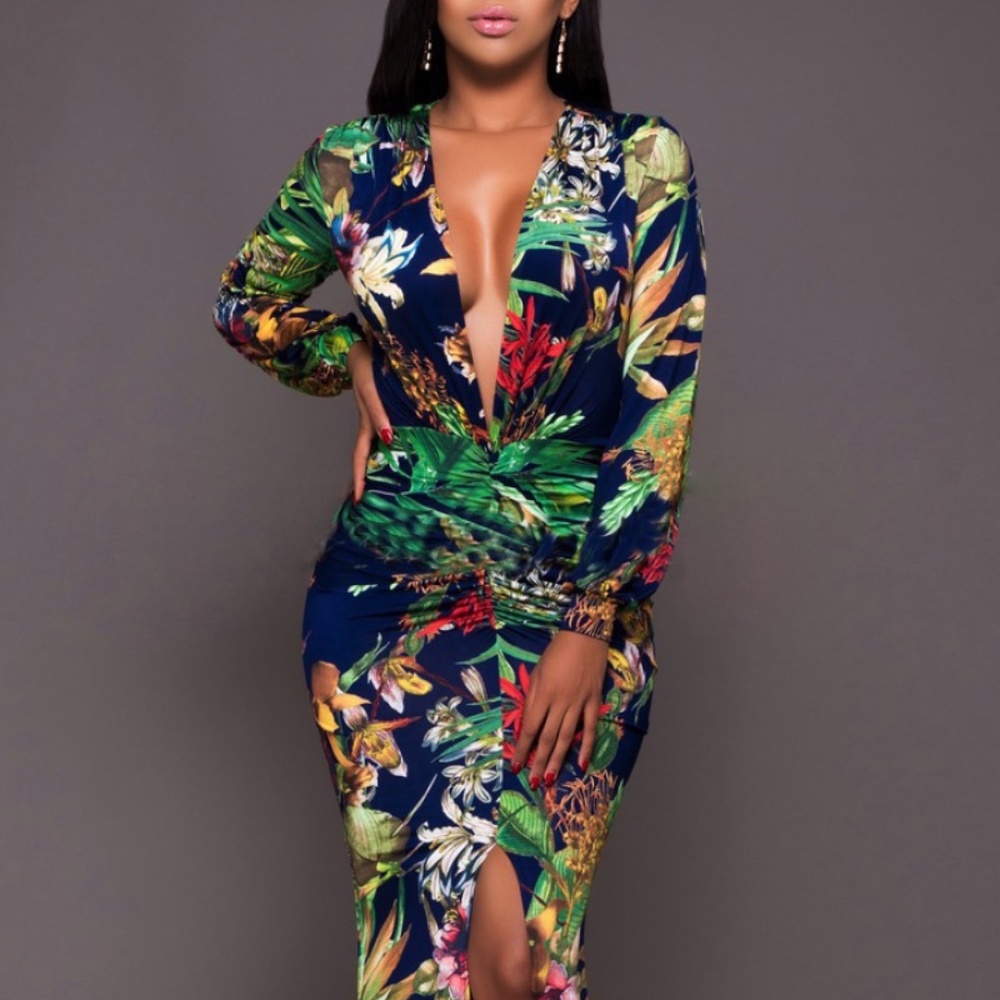 Printed Plunge Neck Leg Split Maxi Dress